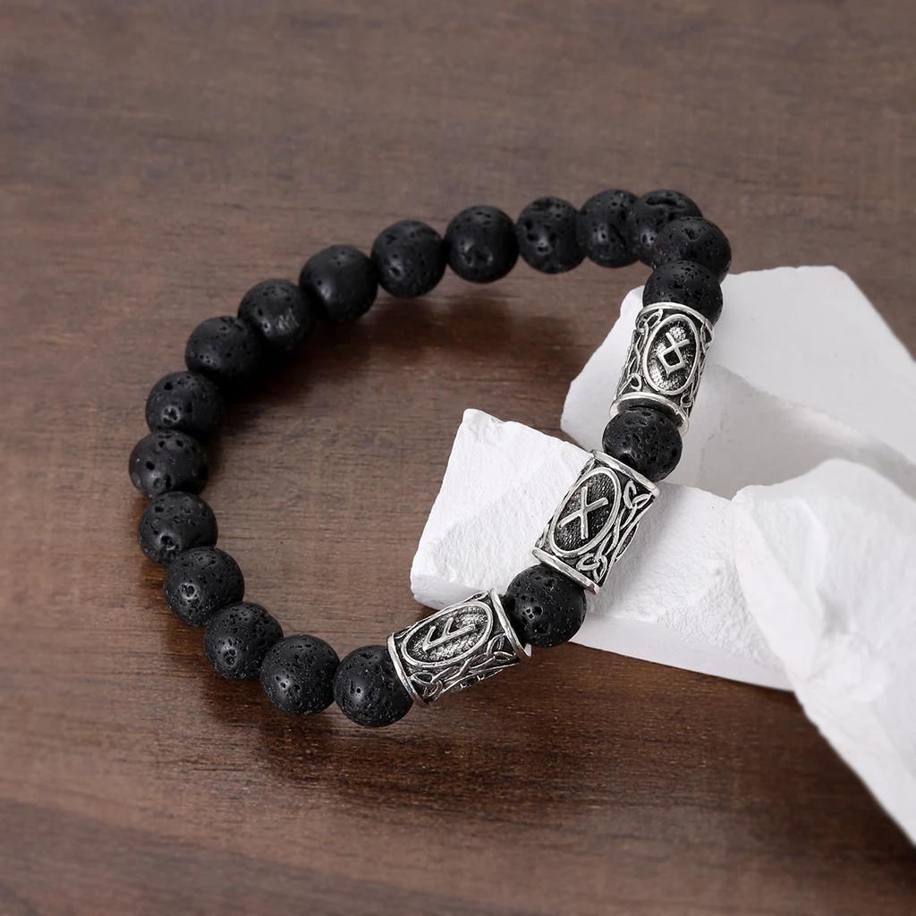 Viking Men Bracelet Norse Runes Stone 8mm Natural Jade Sodalite Turquoise Lava Beads Jewelry Bangles Homme Pulseras