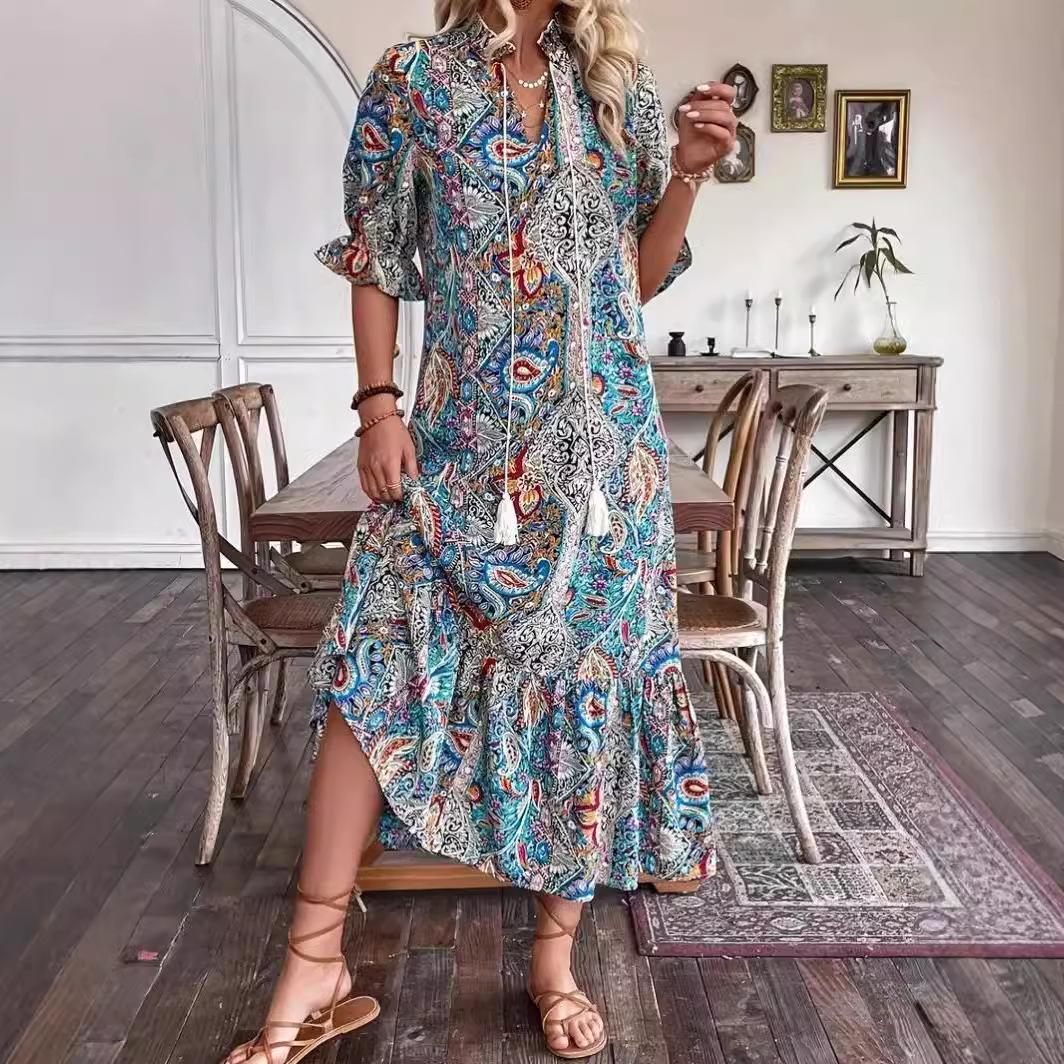 Dress spring and summer new women s medium sleeve printed lace-up ruffle skirt S красный