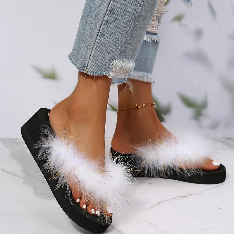 Fashion Women's Slippers with Faux Fur Non Slip Platform Wedges Flip-Flops for Woman 2025 Fashion Summer Vacation Beach Sandals Mujer