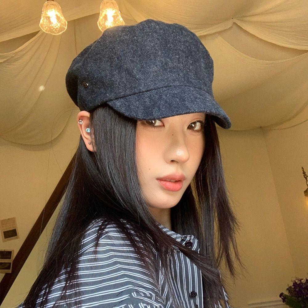 Flat Brim British Style Painter Cap Y2k Octagonal Hat Korean Demin Beret Streetwear