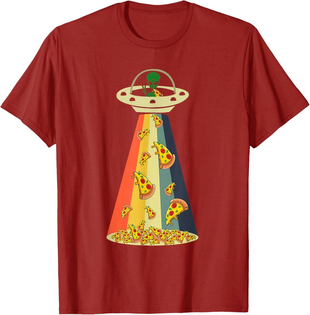 Pizza UFO Alien Abduction Graphic Retro Rainbow Light T-Shirt Funny Casual Cotton Tee