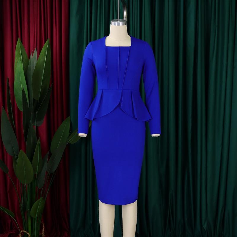 Übergröße Damen Elegantes Langarm-Quadratischer Ausschnitt Hohe Taille Bleistift-Midi-Kleid