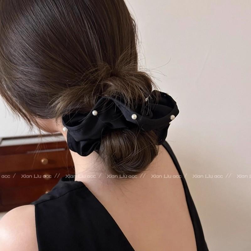 French black velvet pearl pleated large intestine hair band female Internet celebrity retro hair rope rubber band headrope hair accessories