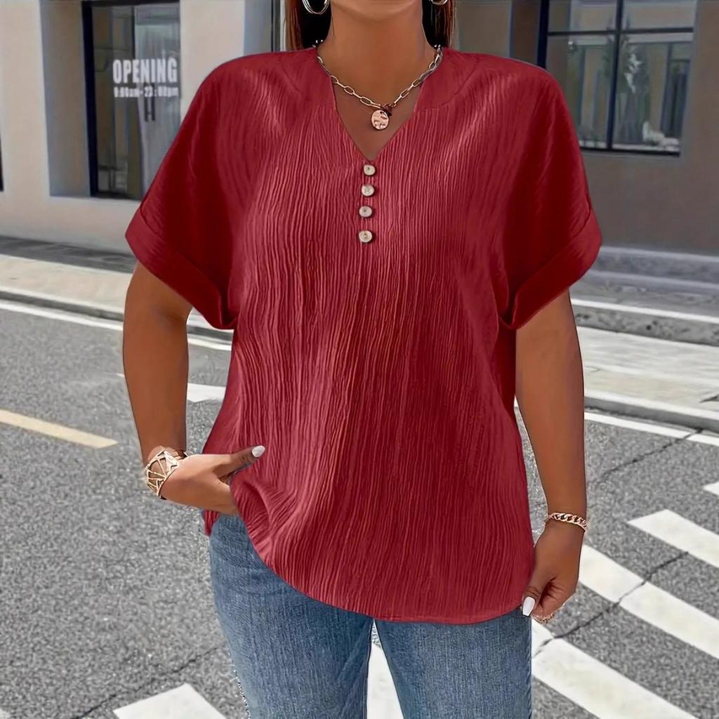 Plus Size Women's New V Neck Solid Color Button Short Sleeve Casual Comfortable Top for European American