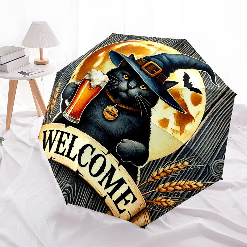 Halloween Black Cat with Witch Hat Holding Beer Glass Welcome Sign Umbrella, Cute Umbrella with Cute Design, Portable 3-Fold Compact Umbrella for Men