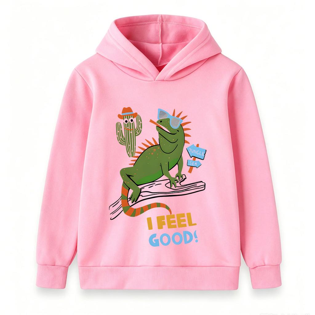 Kids Boys Girls Crew Neck Hoodie, Cool Lizard Cactus Print Casual Pullover Sweatshirt, I Feel Good Funny Graphic Long Sleeve Top for Children Daily We