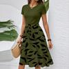 Women's Casual Fashion Belted Floral Print Short Sleeve Round Neck Elegant Dress