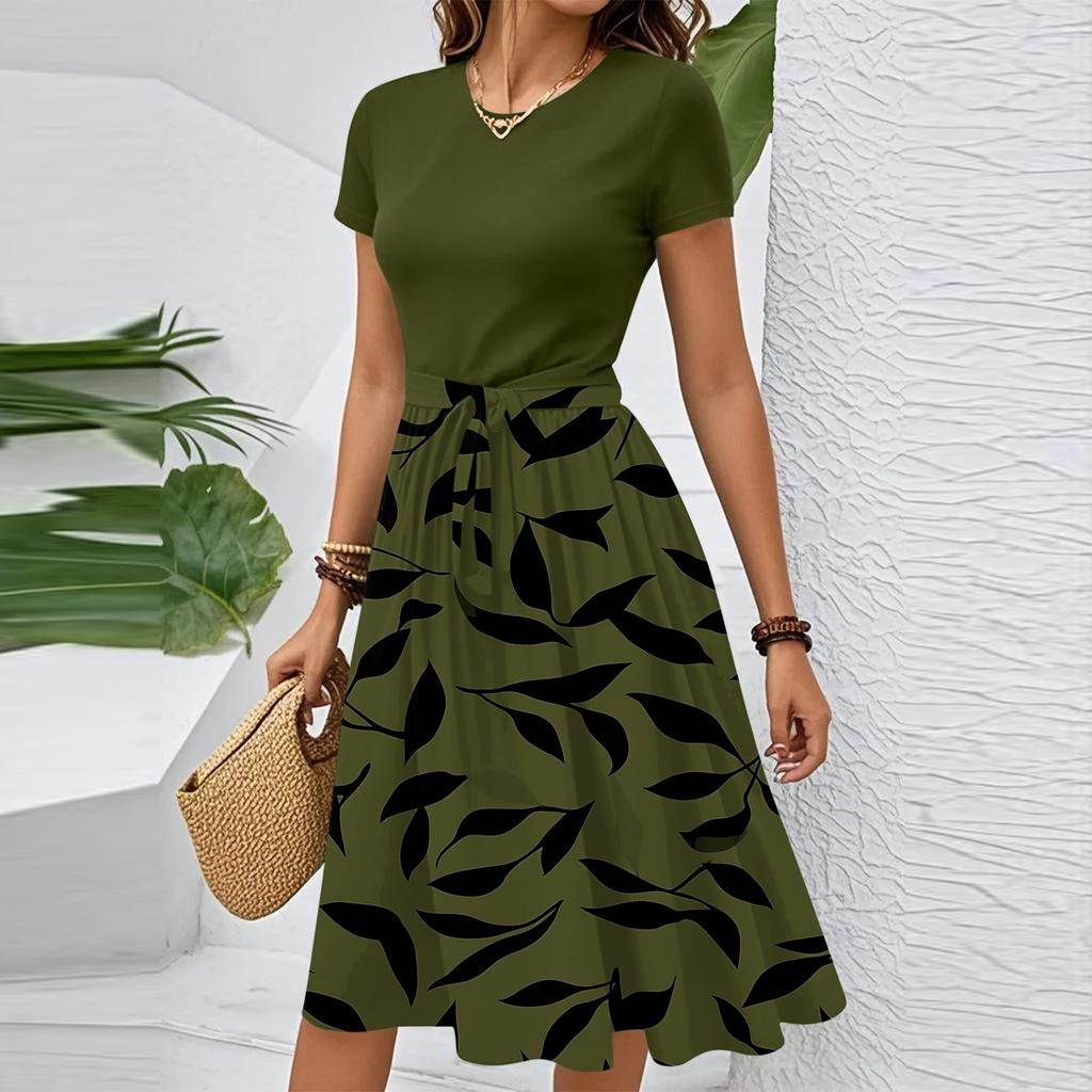 Γυναικείο Casual Μόδα Με Ζώνη Φλοράλ Μοτίβο Κοντομάνικο Στρογγυλή Λαιμόκοψη Κομψό Φόρεμα