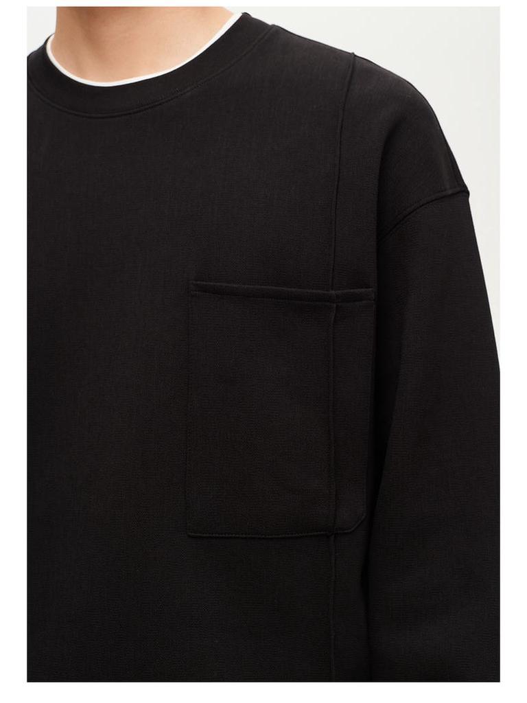 Men's Black Fleece-Lined Faux Two-Piece Round Neck Hoodie - 2025 Autumn/Winter Loose Pullover Top