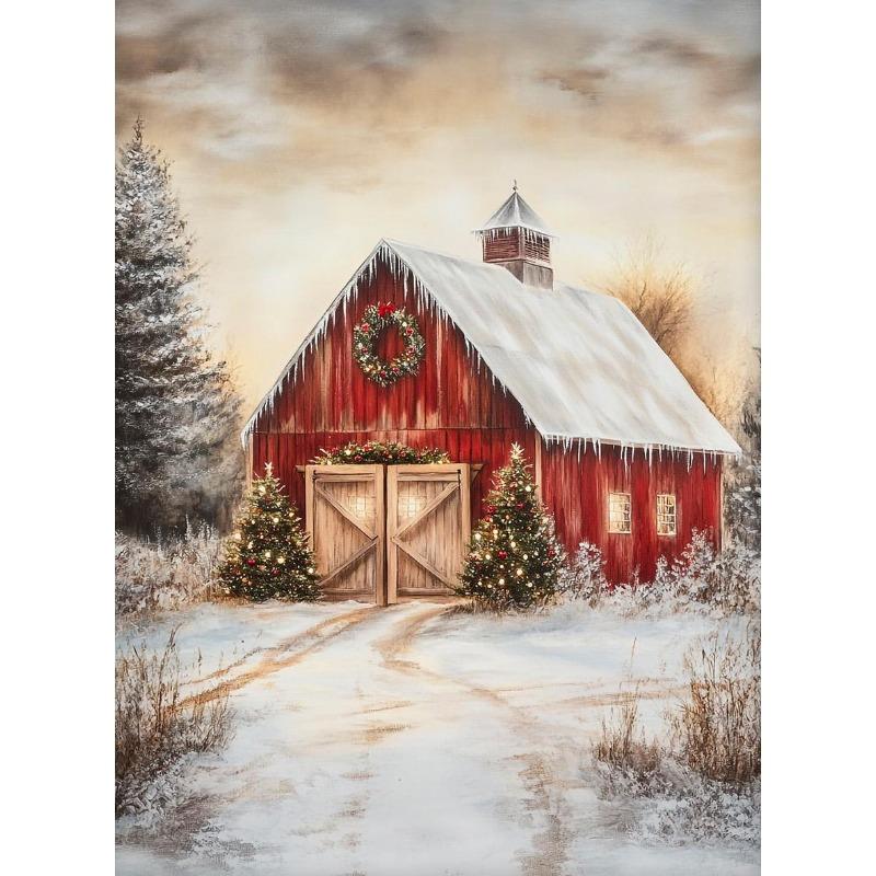 Christmas Holiday Horse Bunny Winter Landscape Church Barn Poster and Prints Painting Wall Pictures for Living Room Home Decor