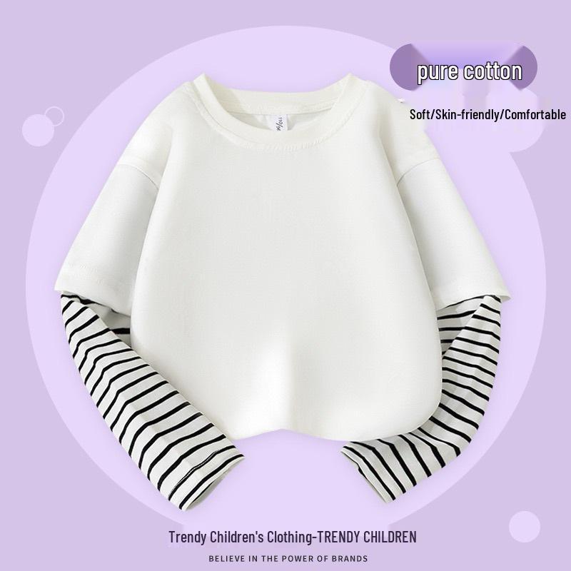 

2025 Autumn Girls Cotton Long-Sleeve Striped Patchwork Two-in-One T-Shirt - Solid Color for Kids 150 cm