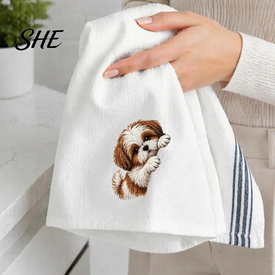 Dog Embroidered Towels Cute Puppy Tea Towel, Corgi Dachshund Kitchen Dish Absorbent Decor Quick Dry Hand Towel for Lovers Bathroom Home