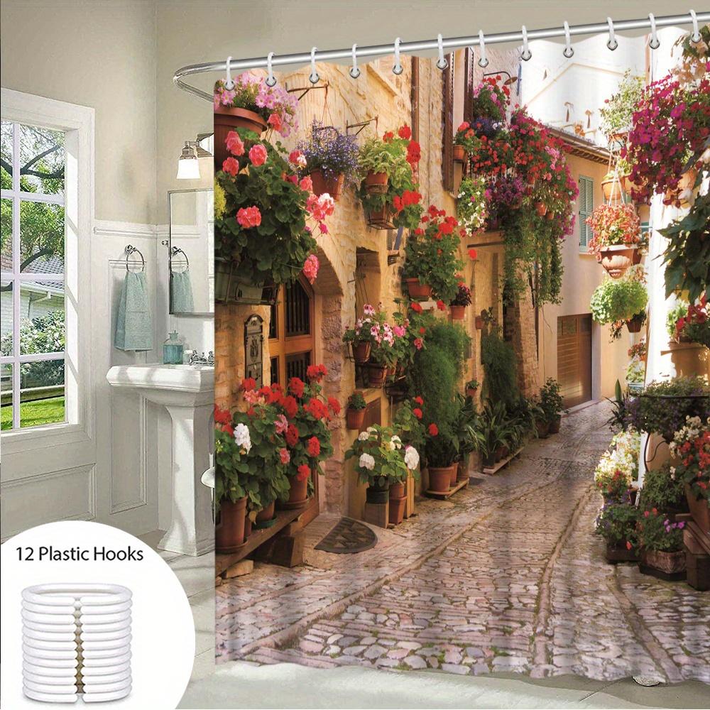 European Village Shower Curtain – Cobblestone Alley, Rustic Buildings, Flower Pots, Vintage Style, 70.86x70.86in, 12 Hooks