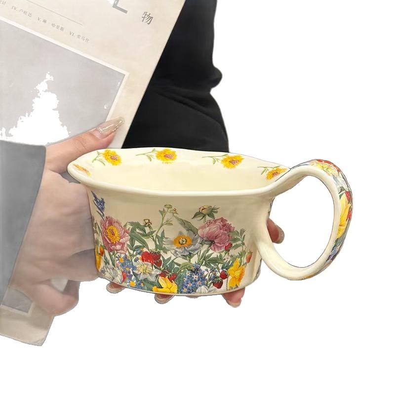 Keramiktasse Henkeltasse mit Löffel Frühstückstasse Haferflockenschale Warme Milch Blühende Kaffeetasse Untertasse Schale