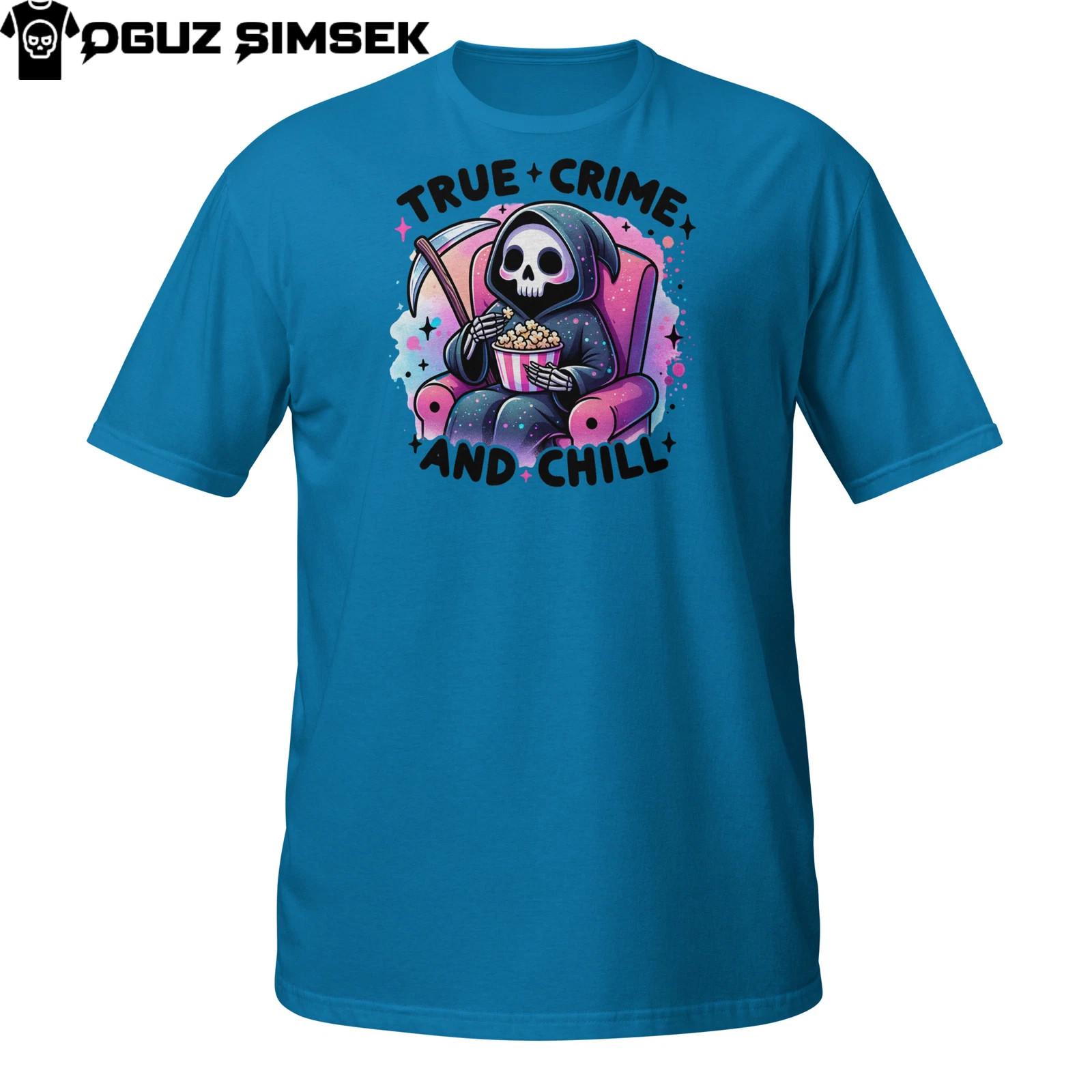 True Crime And Chill Grim Reaper T-Shirt Mens Womens Tees Top | Funny DTG Printed Popcorn Tee 2XL