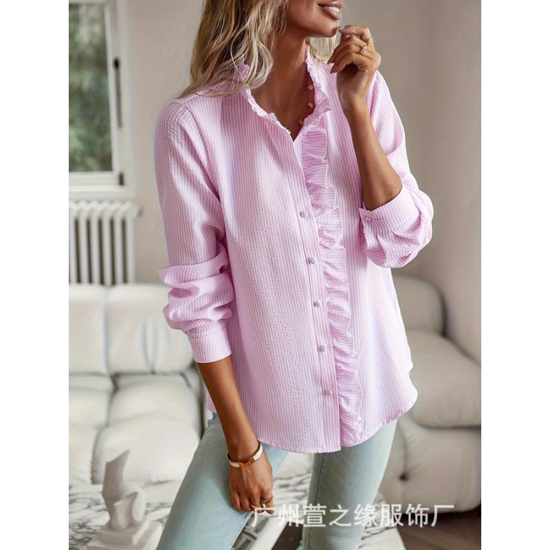 New Stand Collar Autumn Fungus Cardigan Ruffled Long Sleeve Puff Top Women's Shirt