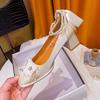 Square head high heels thick heel Mary Jane shoes new red wedding shoes bow pearl medium heel single shoes