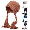 Solid Color Long Twist Braid Beanie Hat Ear Flaps Knitted Hat for Outdoor Sport