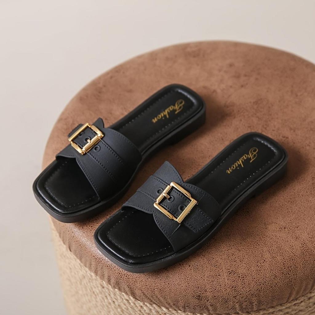 Ladies' Summer Non Slip Beach Sandals with Square Buckle Closure - One Foot Open Toe Casual Shoes, PVC Upper and Synthetic Covered Insole