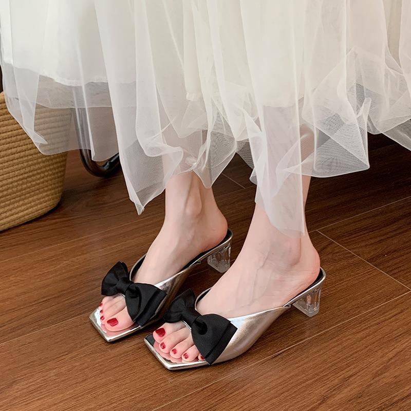 Premium sandals New bow thick heel sandals Half drag fat widened large size women's shoes