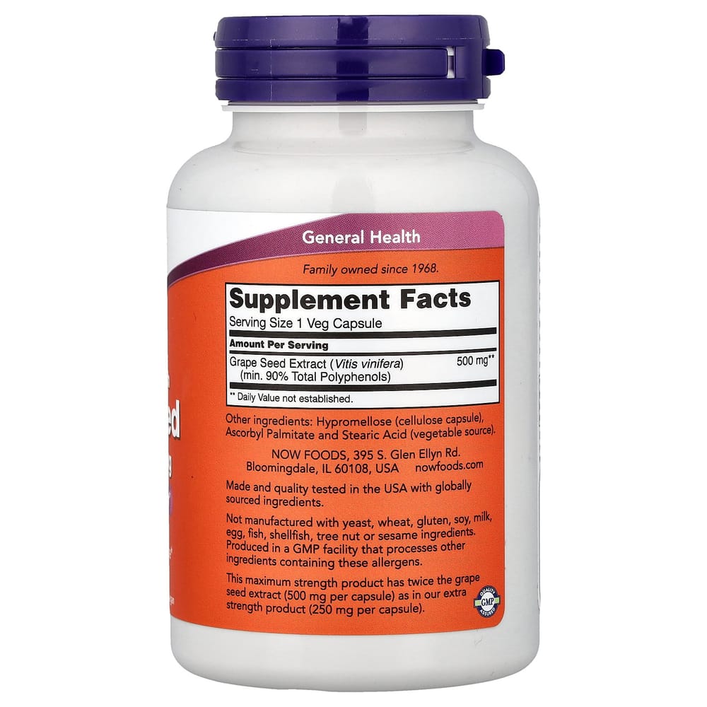 Now Foods Maximum Strength Grape Seed Extract 500mg Veg Capsules 90 Count