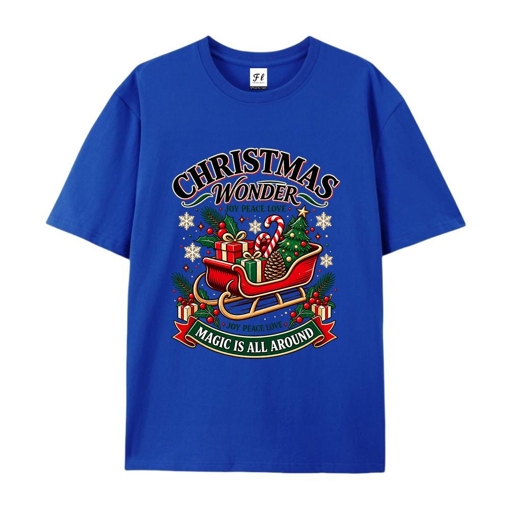 Women's Christmas Wonderland Graphic T Shirt Santa Sleigh Tree Gift Print Casual Short Sleeve Crew Neck Holiday Tee