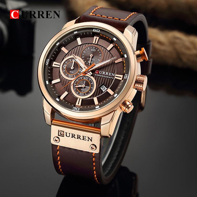 Curren 8291 Men's Multifunctional Leather Strap Watch with Six-Hand Calendar and Large Dial