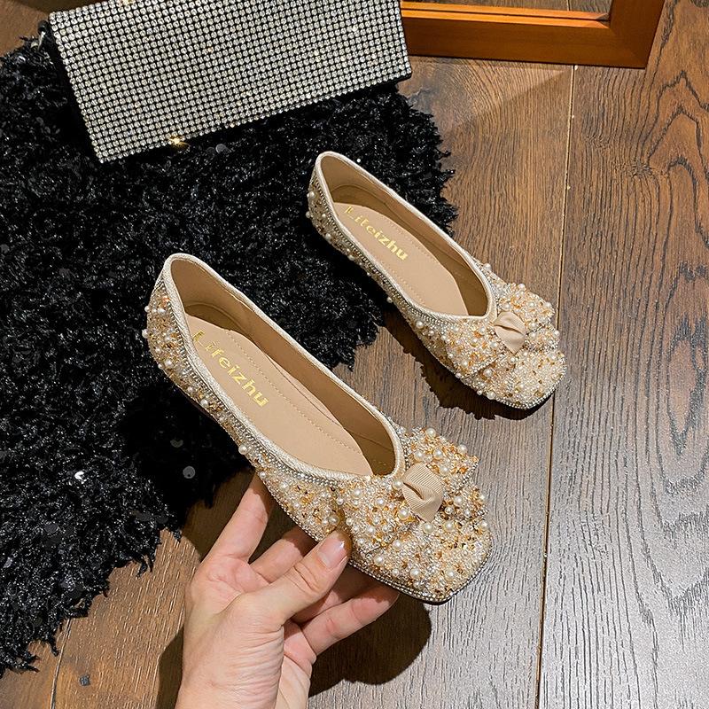 

Женские туфли-лодочки с квадратным носком, с неглубоким вырезом, новая летняя обувь 2025 года, темпераментные, со стразами, с бантом, на плоской подошве, темпераментные женские туфли 43 абрикосовый