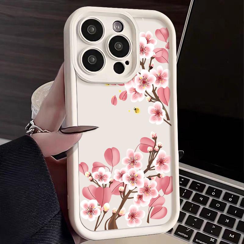 

Для iPhone 16 Pro Max 15 Pro 14 Plus 13 12 11 XS 8 7 чехол для телефона розовый цветочный принт матовый противоударный защита линз TPU мягкий бампер чехол iPhone 14 Pro белый/бежевый