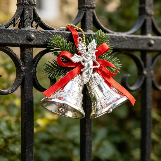 Durable Plastic Base Bell Christmas Ornament with Red Ribbon Bow, Small Jingle Thickened Electroplated Tree Hanging Decoration for Tree, Garland,