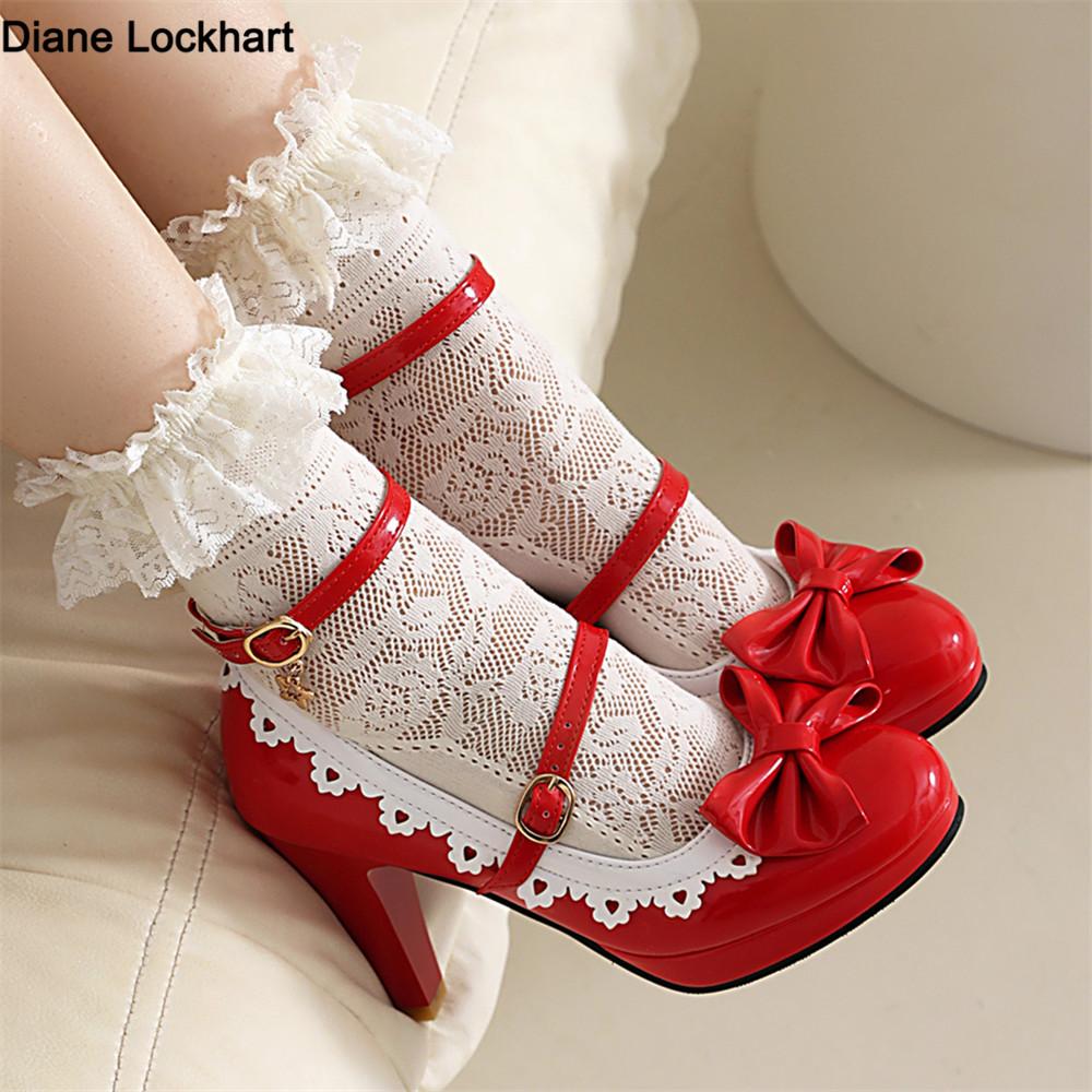 Fashion Women Ankle Strap Buckle High Heels Round Toe Heel Pumps Women Platform Pumps with Bow Party Wedding Shoes Chaussures De Femme