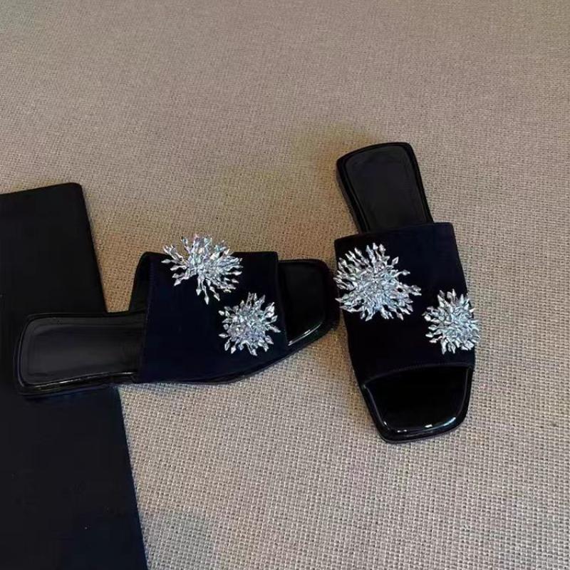 Summer Green Suede Women's Sandals Crystal Tassels Leather Black Fashion Slippers Trendy Outer Slip-on Flats Casual Women Shoes