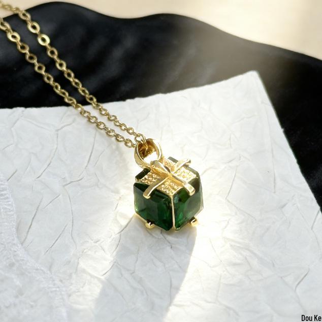 Lucky Titanium Steel 18k Gold Plated Green Zircon Pendant Necklace - Retro & Simplistic Women s Style