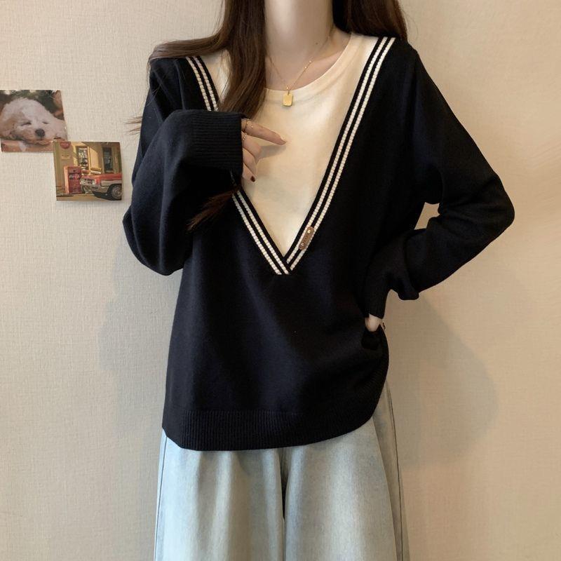 Women's Plus Size Slimming Striped Faux Two-Piece Sweatshirt with Straight Shoulders for Autumn/Winter