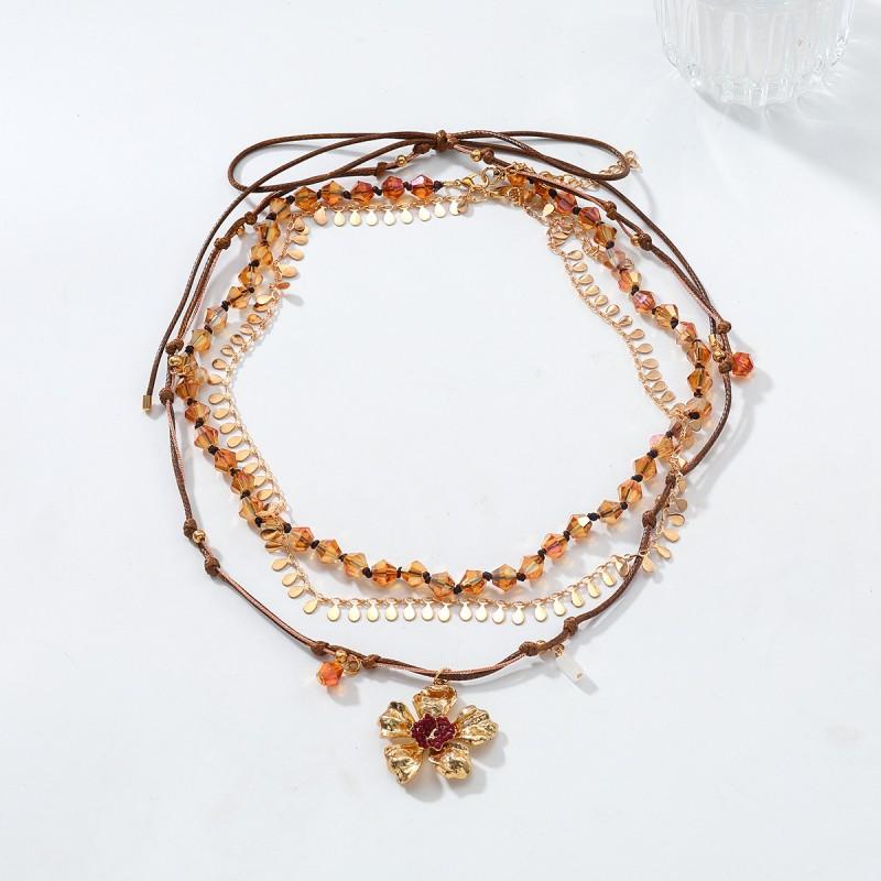 Handmade Bohemian Layered Drop Pendant Necklace Women Floral Zinc Alloy Chain Gold Tone 51-60cm