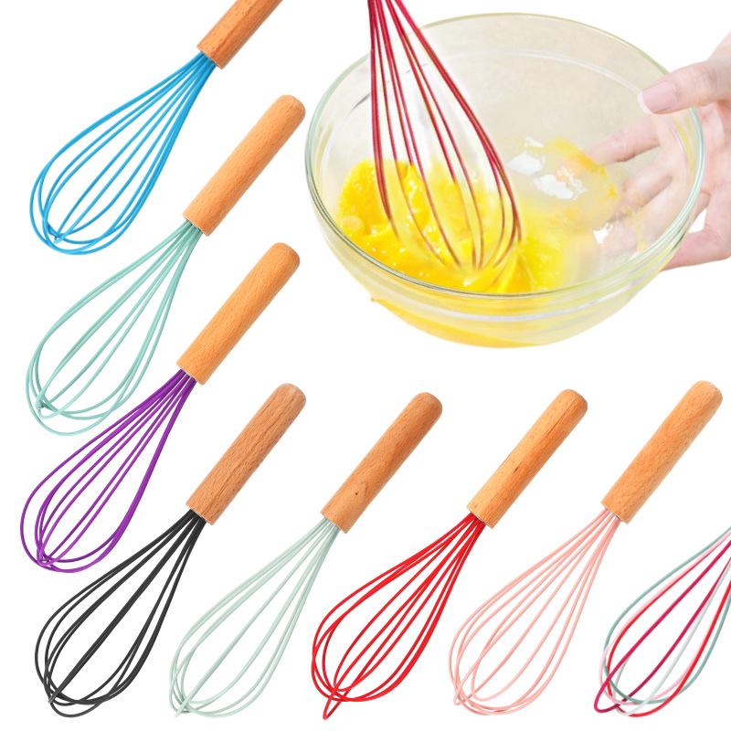 Silicone Whisk with Wooden Handle - Manual Milk Frother & Egg Beater