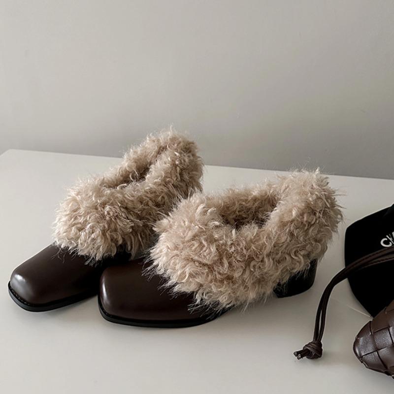 Cowhide version high-heeled fluffy shoes women's velvet warm square head single shoes one pedal thick heel small leather shoes cotton shoes