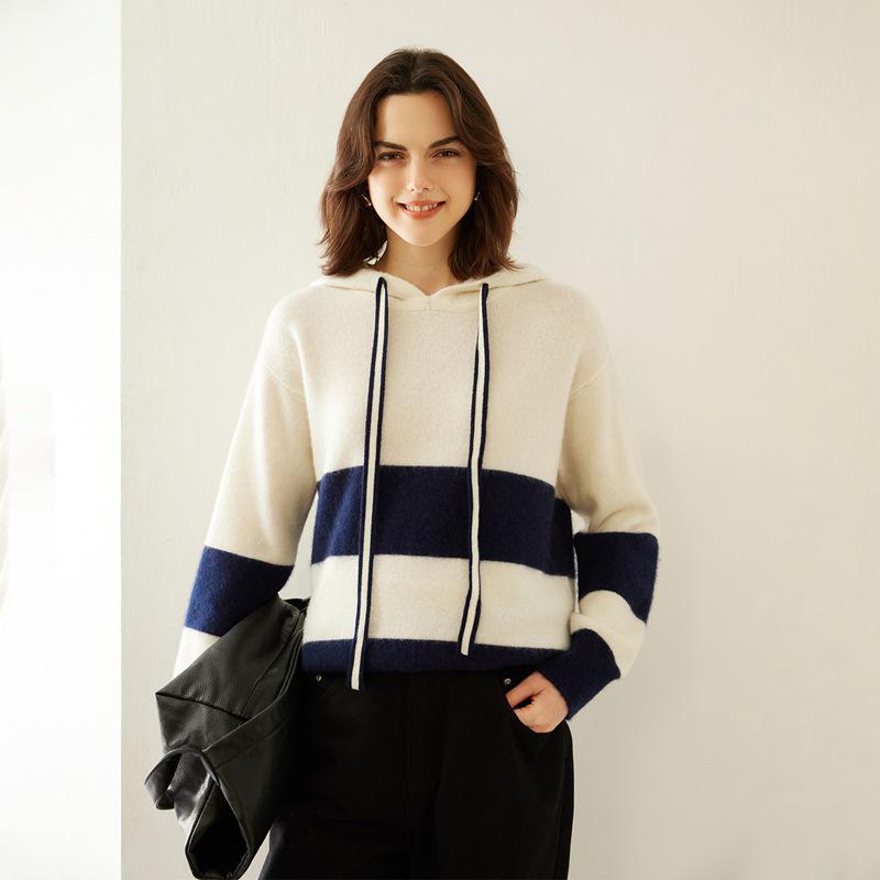Women's Color Block Cashmere Hooded Pullover - Loose Casual Knitwear Top