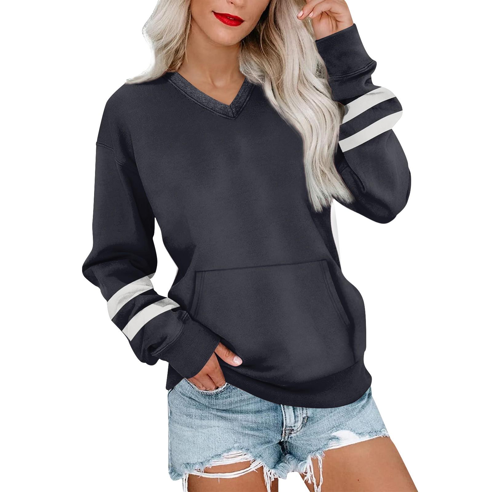 

Женская повседневная модная полосатая толстовка с V-образным вырезом и длинным рукавом, легкая толстовка с карманами M чёрный