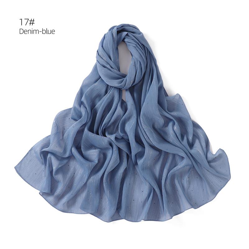 175*70cm Islamism Solid Color Silver Wire Diamond Chiffon Scarf Muslim HIjab Wrinkles Women's Headscarf Shawl Ramadan