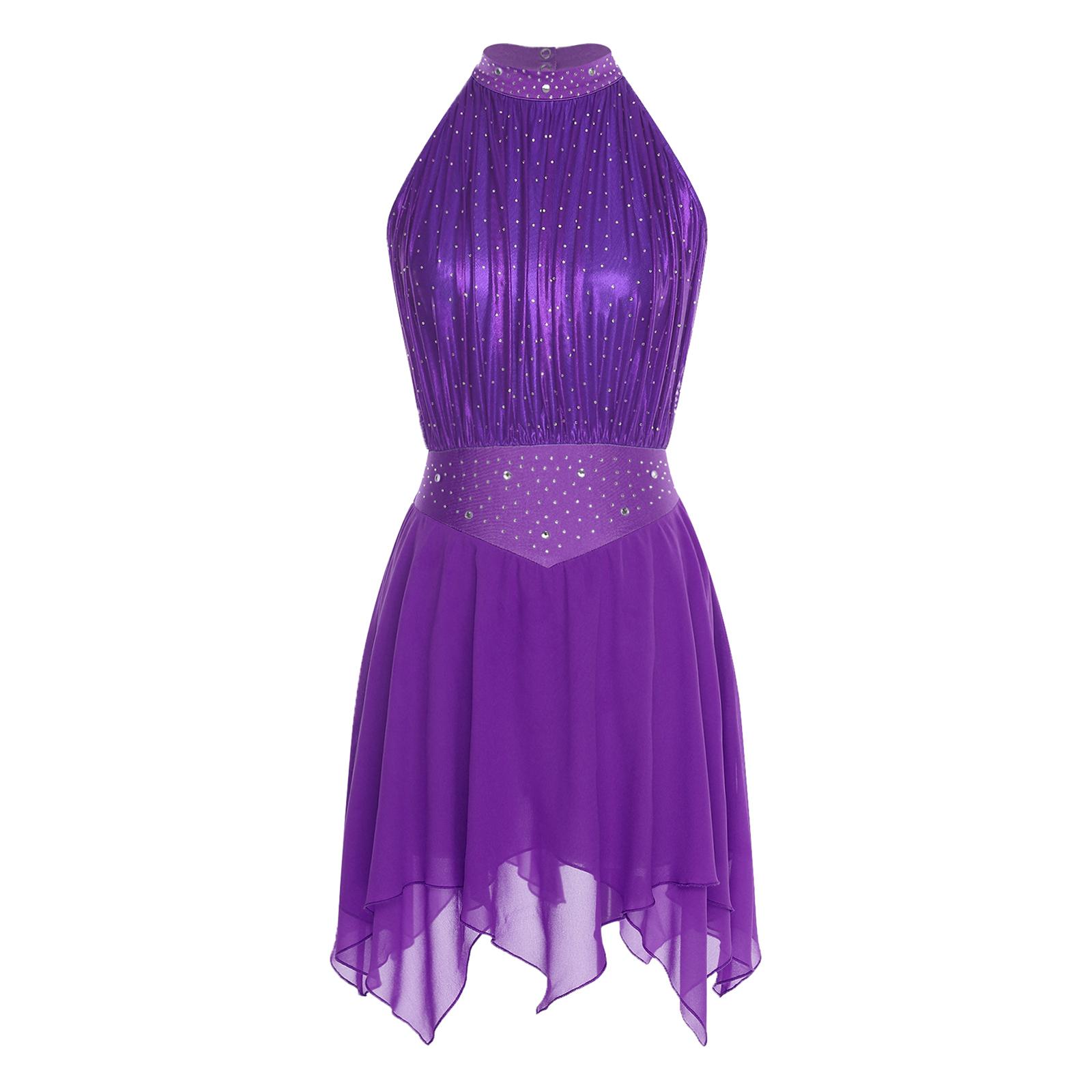 

Жіноча лірична танцювальна сукня з драпіруванням, металевою сіткою, деталями з кристалів, нерівним подолом, без рукавів, з відкритою спиною, вбудованими трусиками, леотард XXL фіолетовий