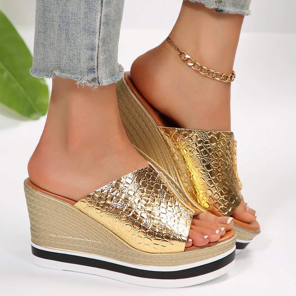Thick-soled slope heel silver fish mouth one-word cool slippers women's 2025 summer light height increase big head office sandals