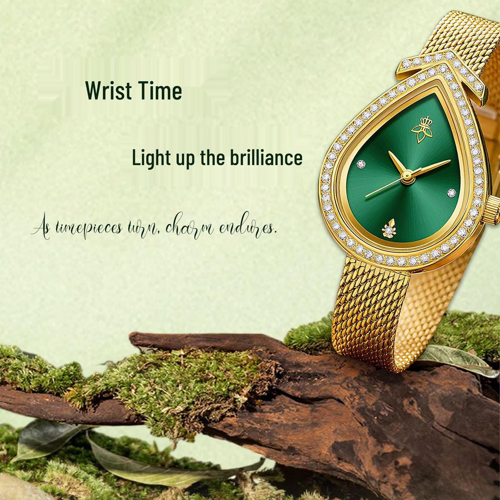 Yalalusi Teardrop Diamond Women's Gold Mesh Quartz Watch - Light Luxury, Waterproof, with Calendar