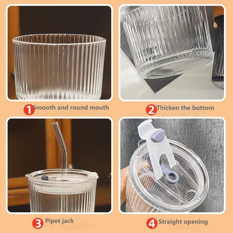 450ml Kreativní sklenice s pruhy Průhledné sklenice s víčkem a brčkem Hrnky na kávu Hrnky na čaj Sklenice na džus Sklenice na mléko a vodu Sklenice na pití