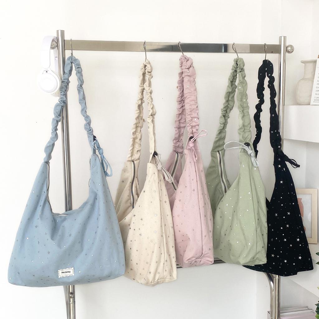 Spring New Dopamine Star Canvas Crossbody Bag for Women Korean Style Pleated Shoulder Handbag