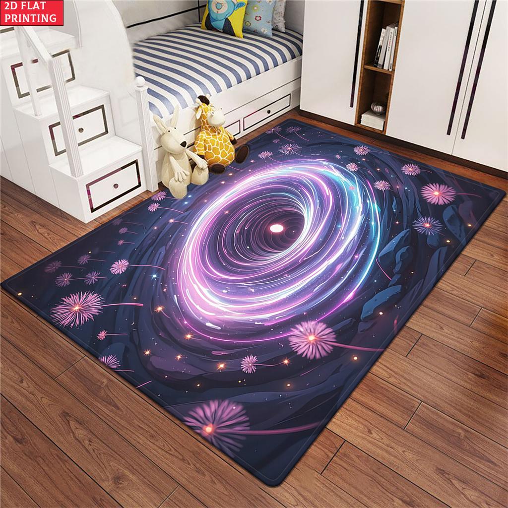 Aesthetic Dandelion Black Hole Area Rug, Purple Neon Galaxy Carpet for Living Room, Non-slip Space Floor Mat for Bedroom Decor
