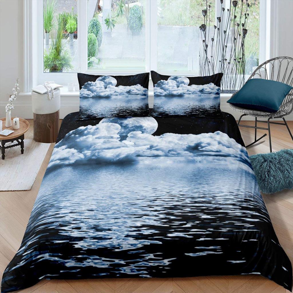 Deep Ocean Duvet CoverSeawater Bright Moon At Sea Starry Night Sky Galaxy Summer Hawaiian Holiday Comforter CoverBedding Set