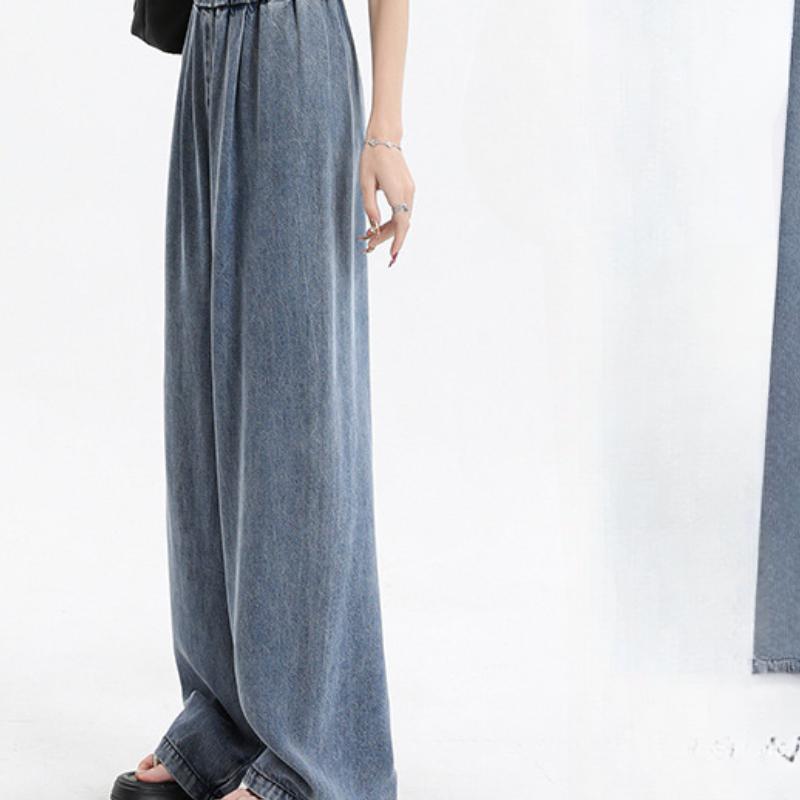 

Теннисные джинсы с эластичной талией для женщин, летние, тонкие, с высокой талией, драпированные, прямые, свободные, из ледяного шелка, широкие брюки для женщин XXL