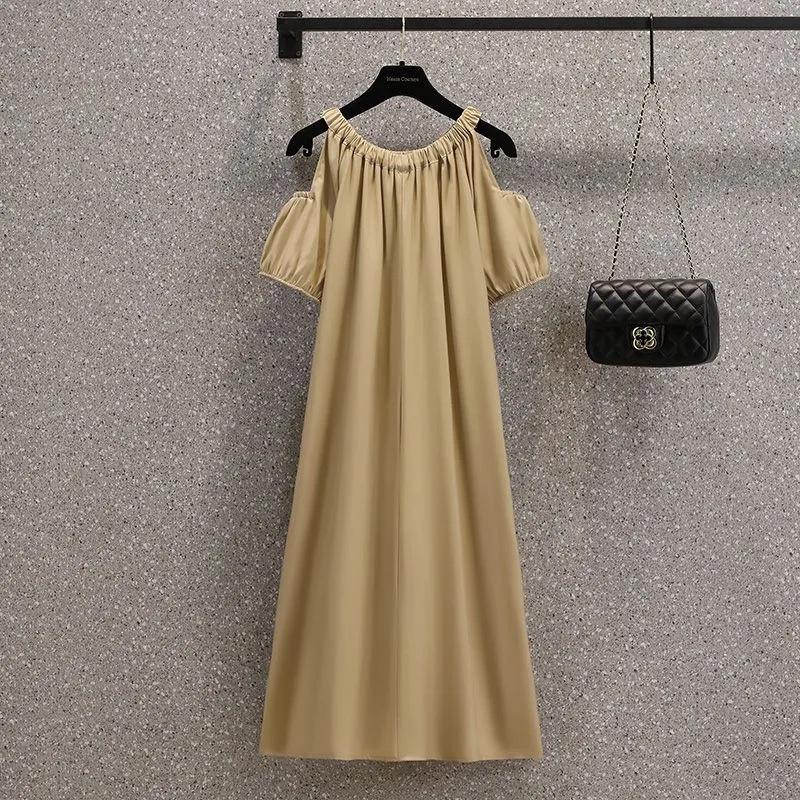 

Корейська сукня міді з відкритими плечима великого розміру - Французький солодкий літній стиль для жінок M хакі