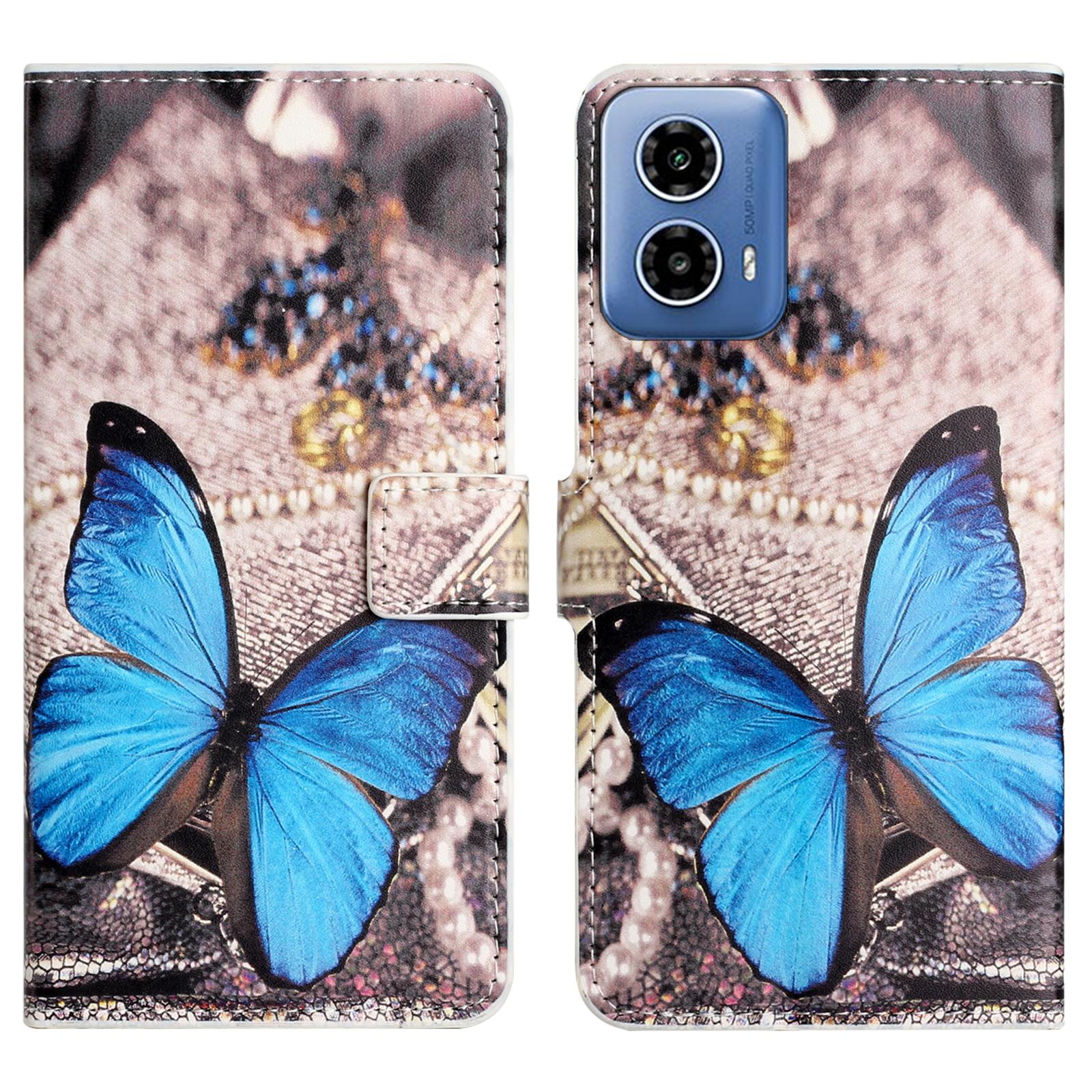 

For Motorola Moto G24 Power PU Leather Case Pattern Printing Flip Cell Phone Cover Blue Butterfly